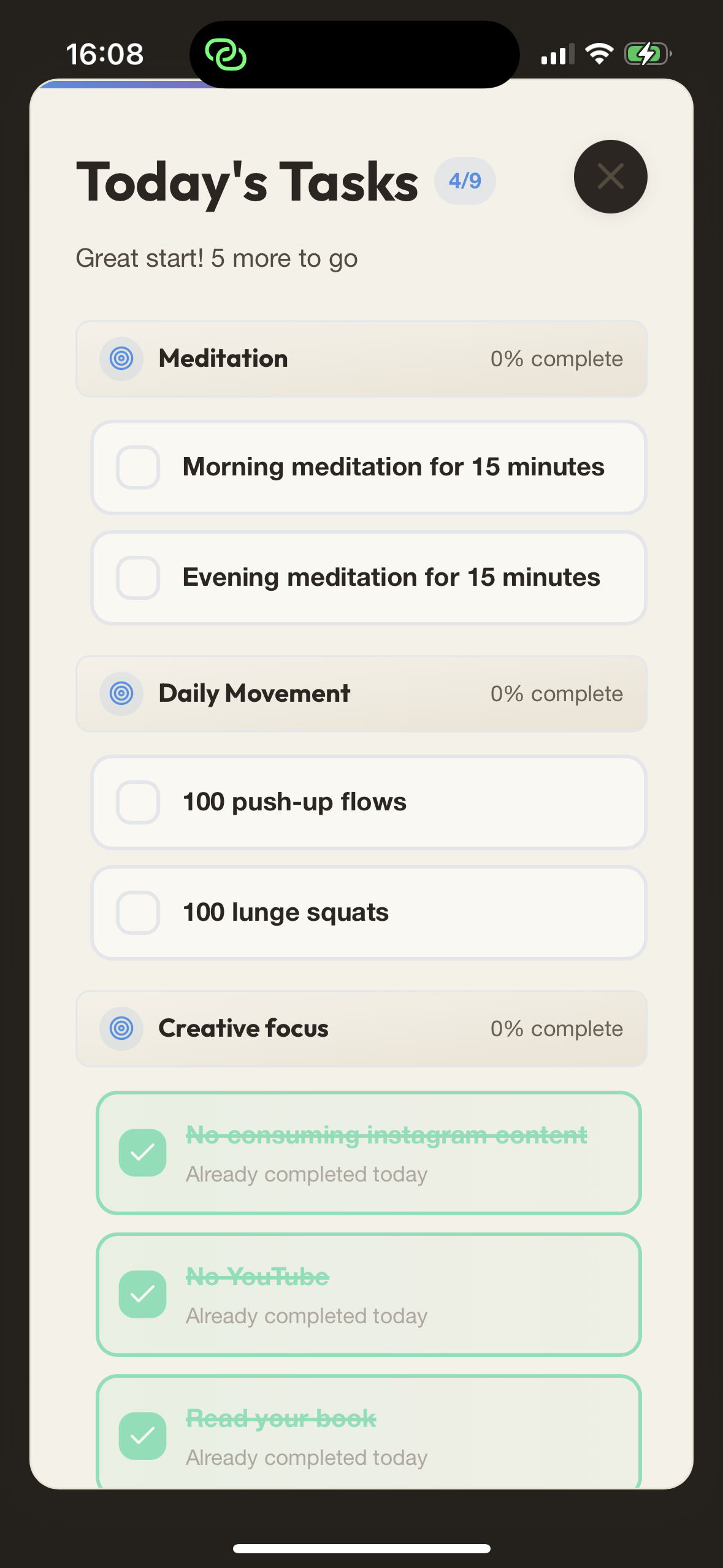 Today's tasks showing meditation and movement tasks with progress tracking