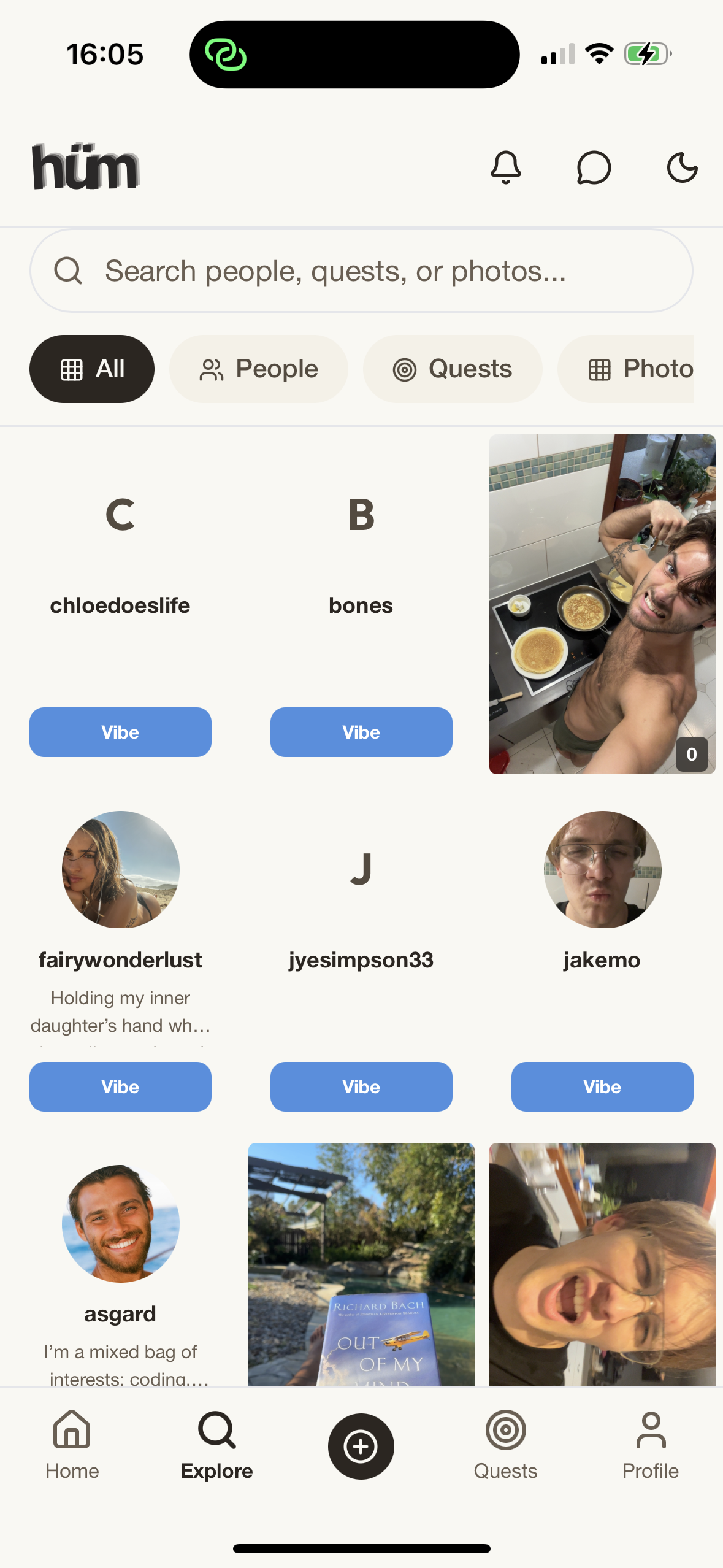 Explore page showing community members and their quests