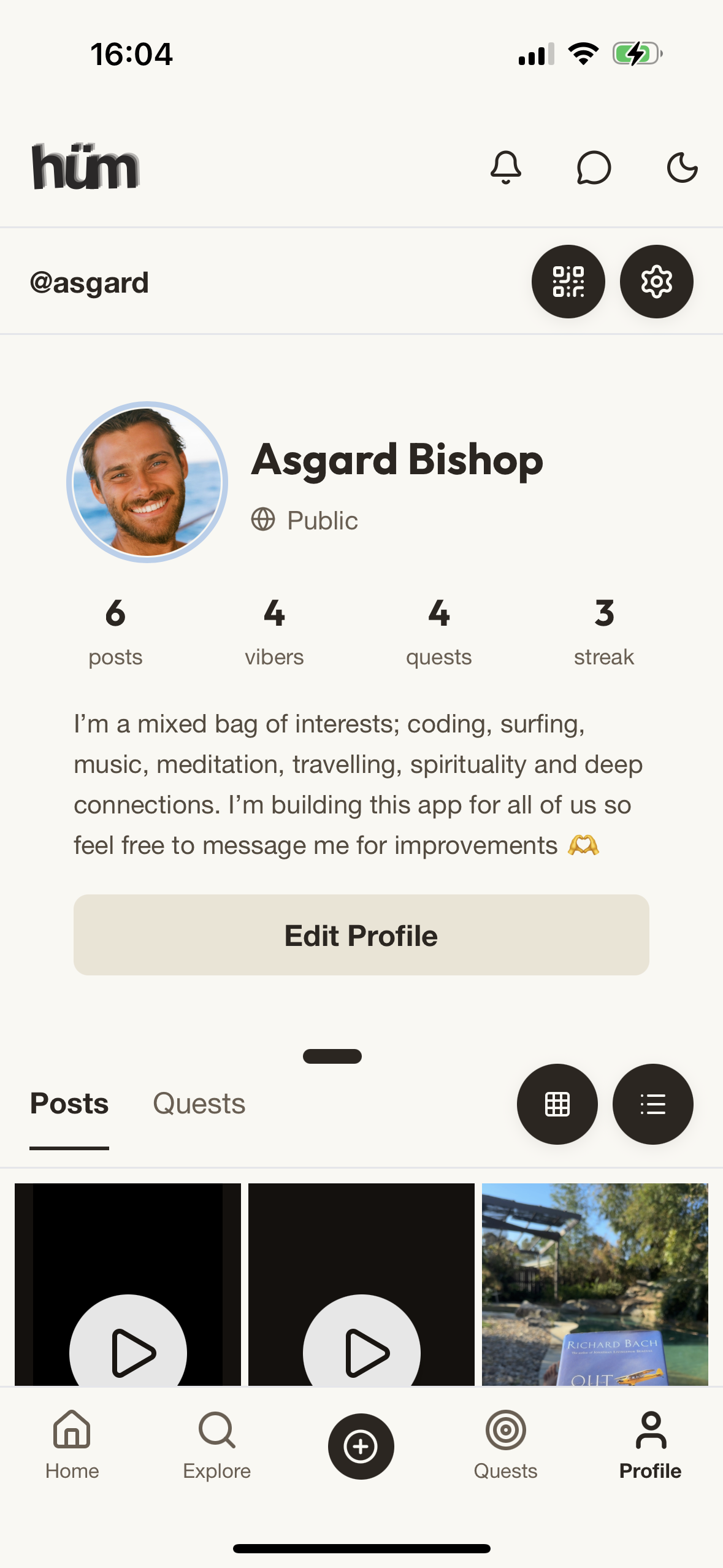 User profile showing posts, vibers, quests, and streak stats