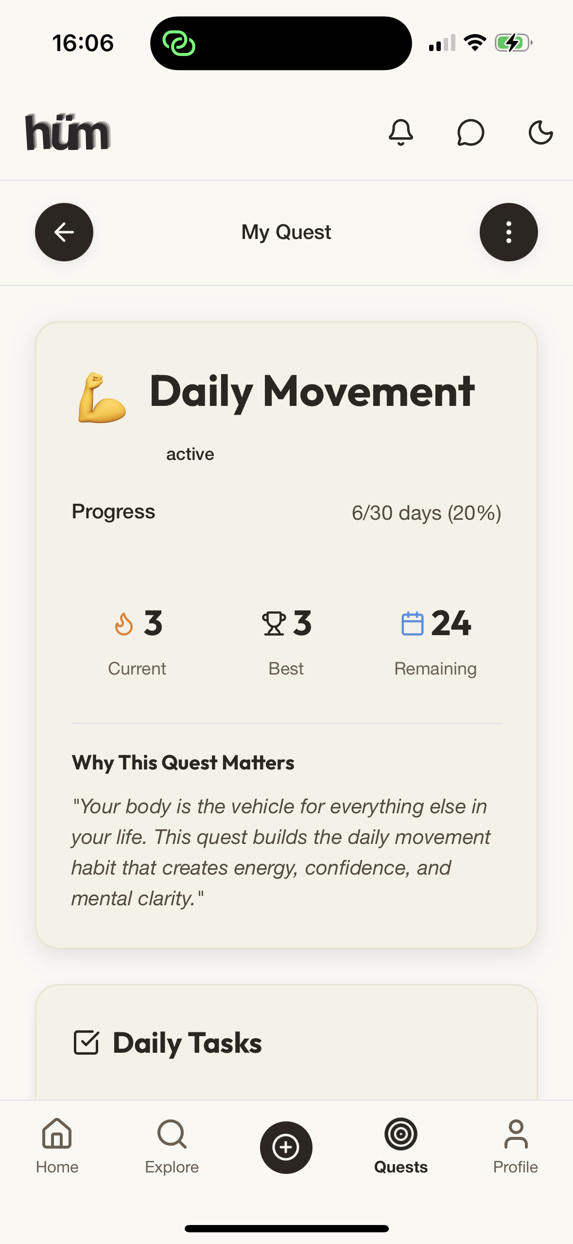 Quest detail page showing Daily Movement progress with streak and remaining days