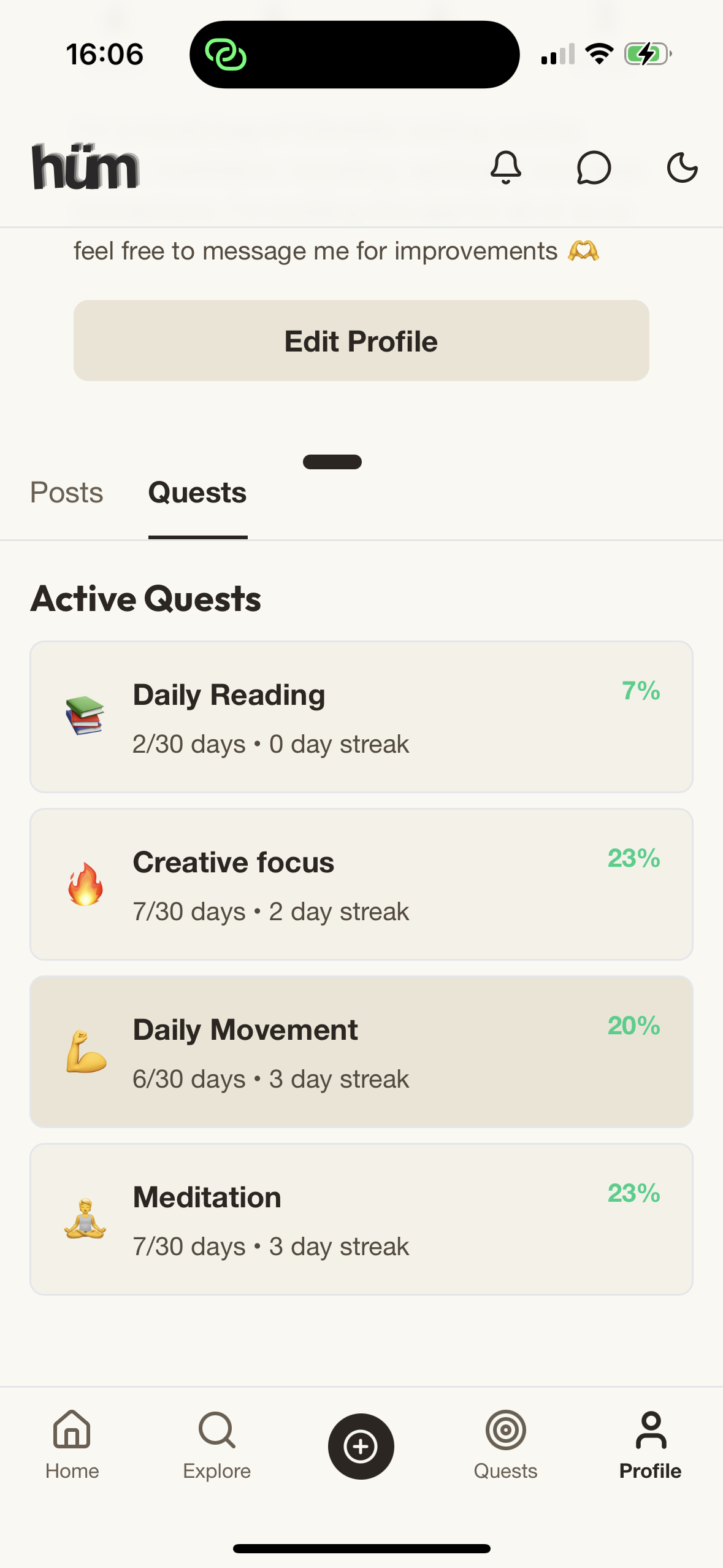 Active quests showing Daily Reading, Creative focus, Daily Movement, and Meditation